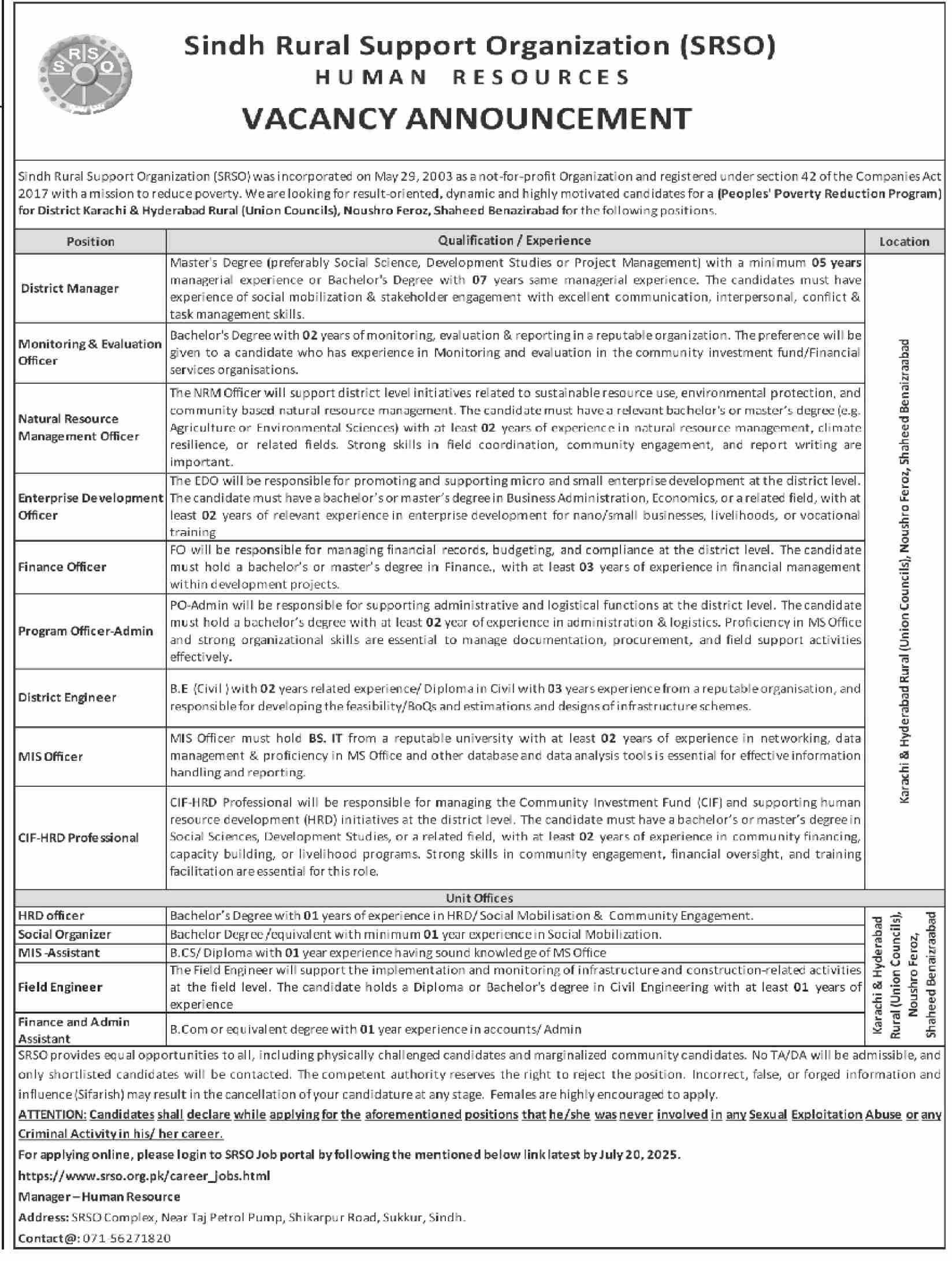 Jobs in Sindh Rural Support Organization Karachi